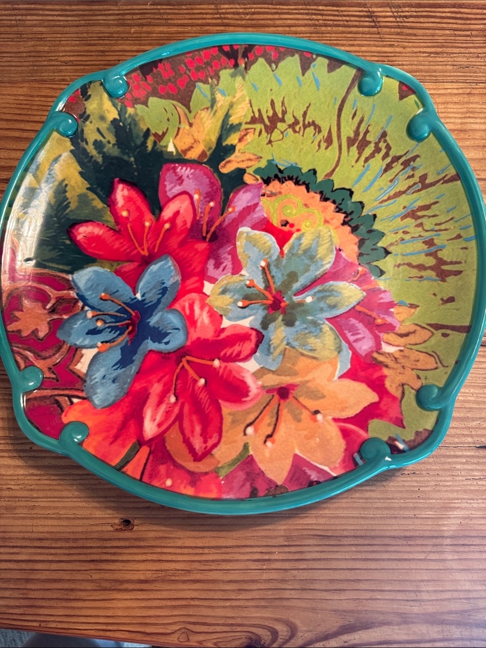 Poetic Wanderlust Ceramic Multicolor Floral Decorative Plate - Teal Rim